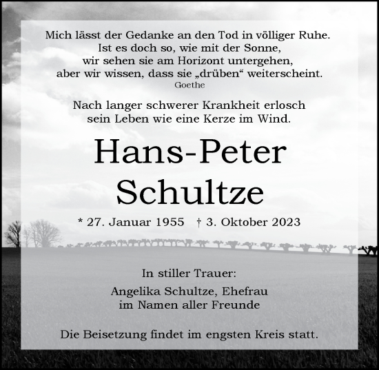 Traueranzeige von Hans-Peter Schultze von Der Bote