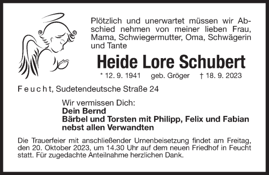 Traueranzeige von Heide Lore Schubert von Der Bote