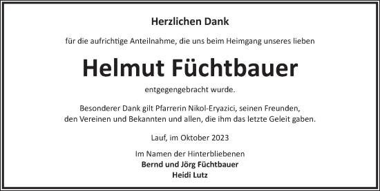 Traueranzeige von Helmut Füchtbauer von Pegnitz-Zeitung