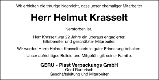 Traueranzeige von Helmut Krasselt von Hersbrucker Zeitung Lokal