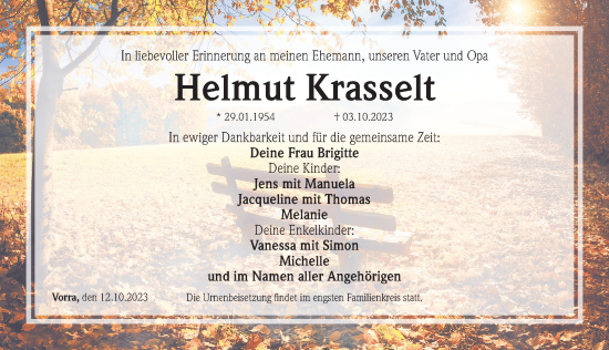 Traueranzeige von Helmut Krasselt von Hersbrucker Zeitung Lokal
