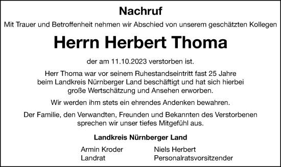 Traueranzeige von Herbert Thoma von Hersbrucker Zeitung Lokal