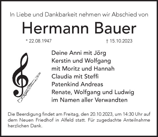 Traueranzeige von Hermann Bauer von Pegnitz-Zeitung