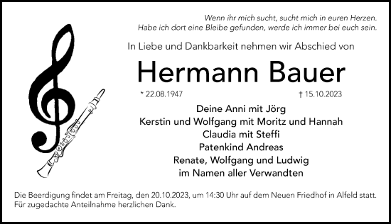 Traueranzeige von Hermann Bauer von Hersbrucker Zeitung Lokal