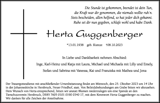 Traueranzeige von Herta Guggenberger von Hersbrucker Zeitung Lokal