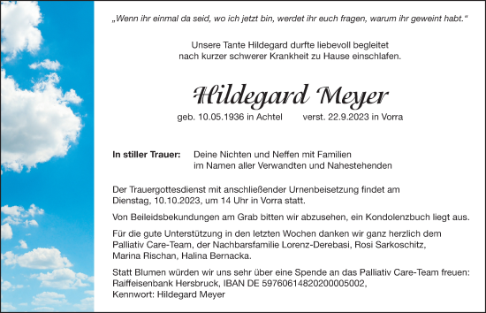 Traueranzeige von Hildegard Meyer von Hersbrucker Zeitung Lokal