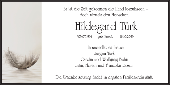 Traueranzeige von Hildegard Türk von Hersbrucker Zeitung Lokal