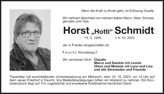 Traueranzeige von Horst Schmidt von Der Bote