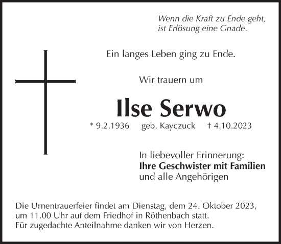 Traueranzeige von Ilse Serwo von Pegnitz-Zeitung
