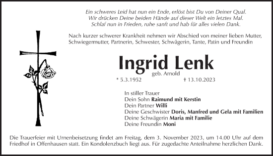 Traueranzeige von Ingrid Lenk von Pegnitz-Zeitung
