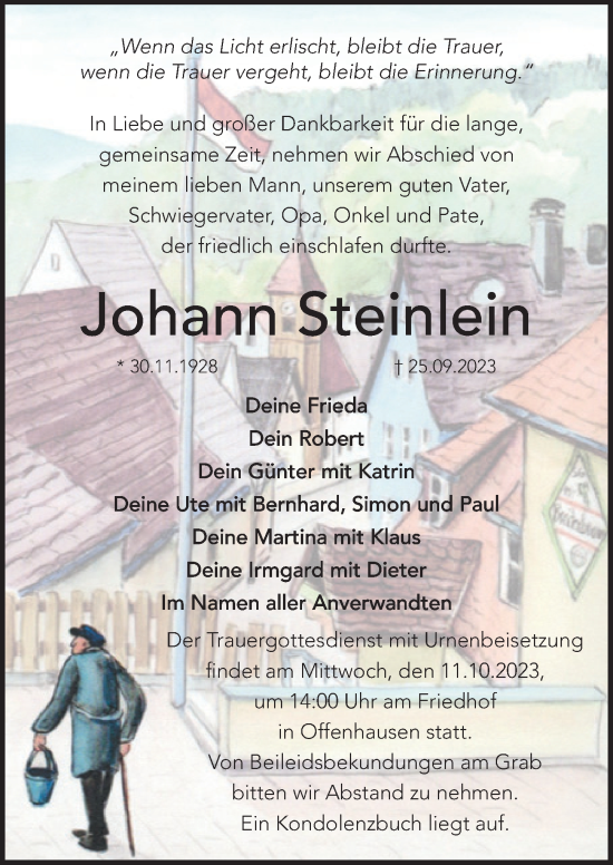 Traueranzeige von Johann Steinlein von Hersbrucker Zeitung Lokal