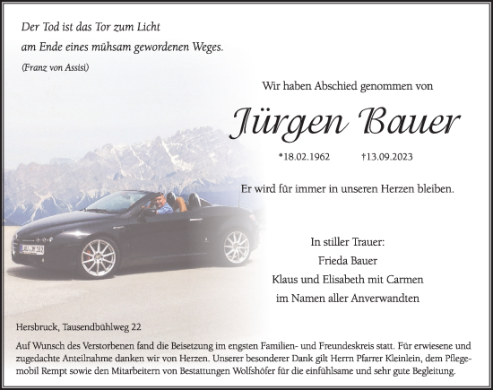 Traueranzeige von Jürgen Bauer von Hersbrucker Zeitung Lokal