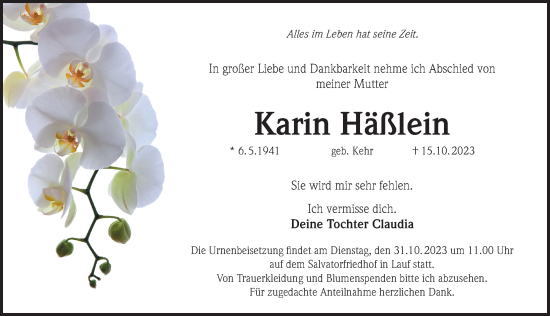 Traueranzeige von Karin Häßlein von Pegnitz-Zeitung