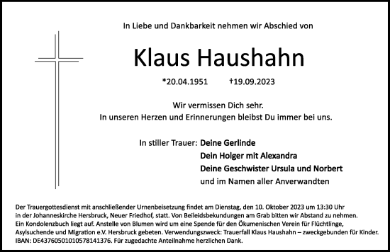 Traueranzeige von Klaus Haushahn von Hersbrucker Zeitung Lokal