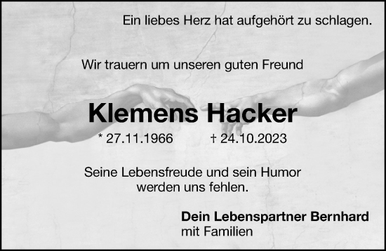 Traueranzeige von Klemens Hacker von Hersbrucker Zeitung Lokal