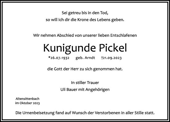 Traueranzeige von Kunigunde Pickel von Hersbrucker Zeitung Lokal