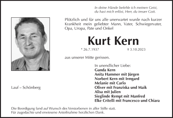 Traueranzeige von Kurt Kern von Pegnitz-Zeitung