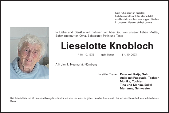 Traueranzeige von Lieselotte Knobloch von Der Bote
