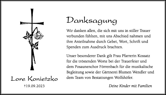 Traueranzeige von Lore Konietzko von Hersbrucker Zeitung Lokal