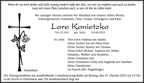 Traueranzeige von Lore Konietzko von Hersbrucker Zeitung Lokal
