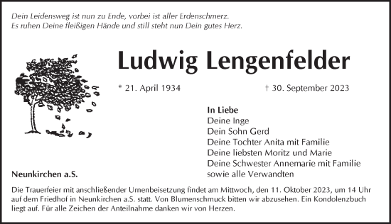 Traueranzeige von Ludwig Lengenfelder von Pegnitz-Zeitung