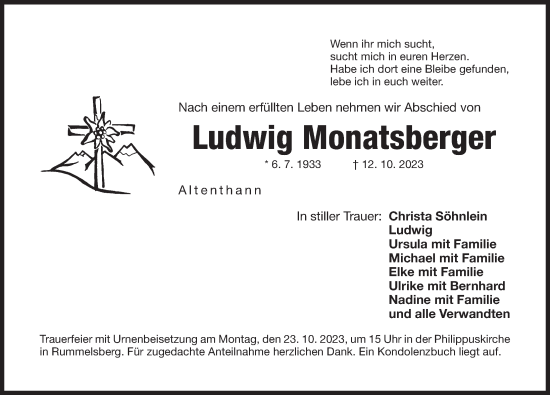 Traueranzeige von Ludwig Monatsberger von Der Bote