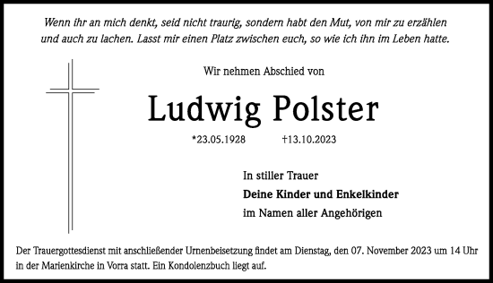Traueranzeige von Ludwig Polster von Hersbrucker Zeitung Lokal