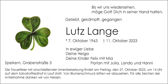 Traueranzeige von Lutz Lange von Pegnitz-Zeitung