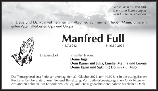 Traueranzeige von Manfred Full von Pegnitz-Zeitung