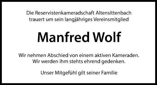 Traueranzeige von Manfred Wolf von Hersbrucker Zeitung Lokal
