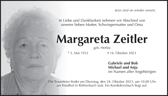 Traueranzeige von Margareta Zeitler von Pegnitz-Zeitung