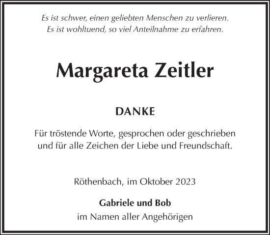 Traueranzeige von Margareta Zeltler von Pegnitz-Zeitung