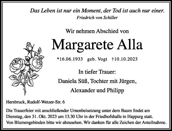 Traueranzeige von Margarete Alla von Hersbrucker Zeitung Lokal
