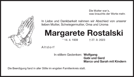Traueranzeige von Margarete Rostalski von Der Bote