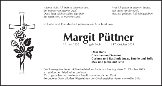 Traueranzeige von Margit Püttner von Pegnitz-Zeitung