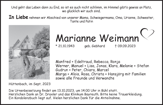 Traueranzeige von Marianne Weimann von Pegnitz-Zeitung