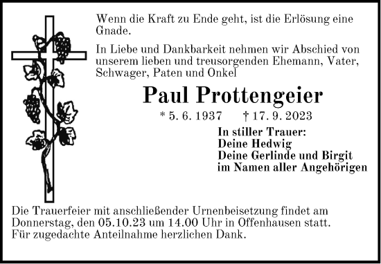 Traueranzeige von Paul Prottengeier von Hersbrucker Zeitung Lokal