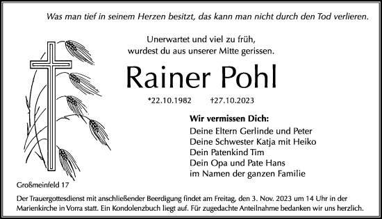Traueranzeige von Rainer Pohl von Hersbrucker Zeitung Lokal