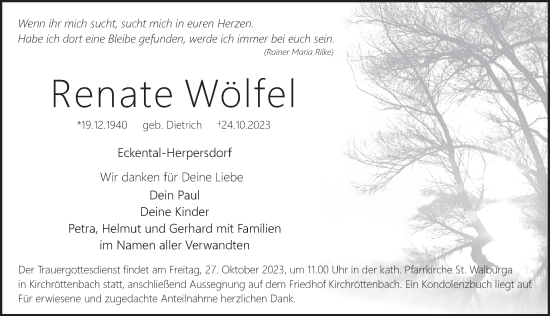 Traueranzeige von Renate Wölfel von Pegnitz-Zeitung