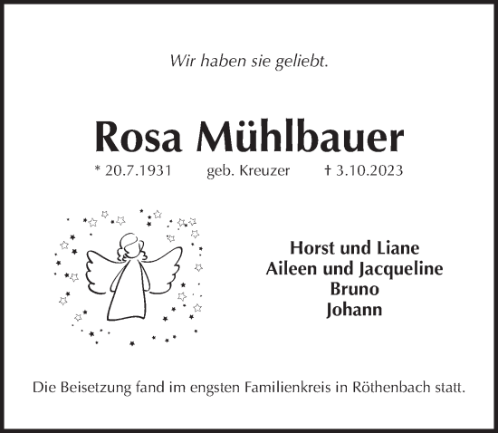 Traueranzeige von Rosa Mühlbauer von Pegnitz-Zeitung