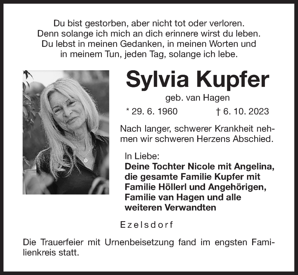  Traueranzeige für Sylvia Kupfer vom 19.10.2023 aus Der Bote