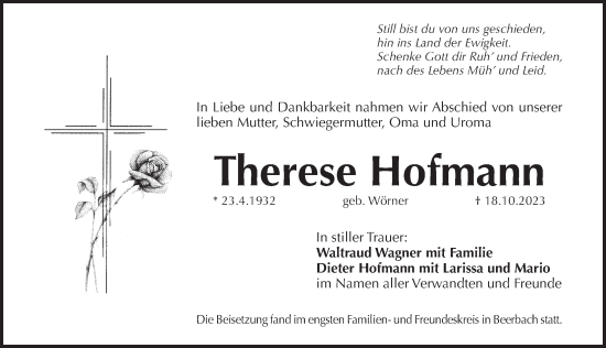 Traueranzeige von Therese Hofmann von Pegnitz-Zeitung