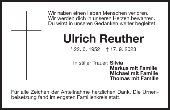 Traueranzeige von Ulrich Reuther von Der Bote