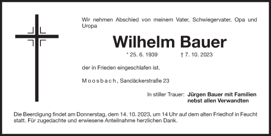 Traueranzeige von Wilhelm Bauer von Der Bote