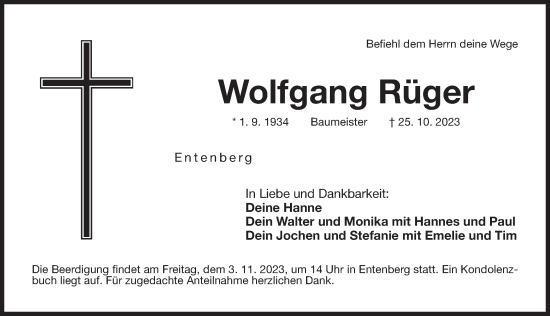 Traueranzeige von Wolfgang Rüger von Der Bote