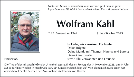 Traueranzeige von Wolfram Kahl von Hersbrucker Zeitung Lokal