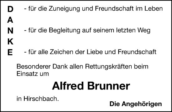 Traueranzeige von Alfred Brunner von Hersbrucker Zeitung Lokal