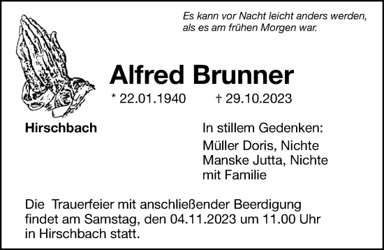 Traueranzeige von Alfred Brunner von Hersbrucker Zeitung Lokal