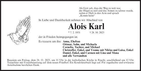 Traueranzeige von Alois Karl von Der Bote
