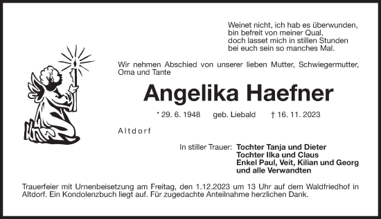 Traueranzeige von Angelika Haefner von Der Bote